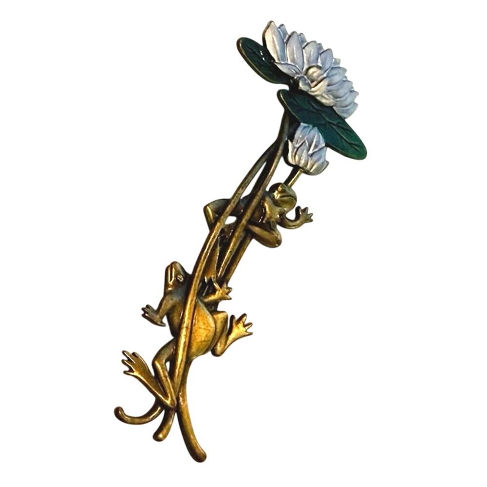 J.J. Mixed Metal Frog & Lotus/ Water Lily Brooch – Pewter & Brass – 3.25”